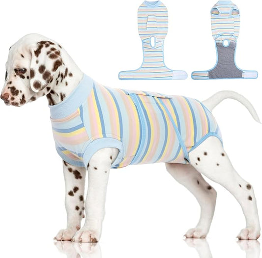 FUAMEY Recovery Suit for Dogs After Surgery,Soft Breathable Dog Bodysuit E-Collar & Cone Alternative Surgical Suit,Male Female Dog Neuter Spay Suits Anti Licking Wounds Onesie Blue Yellow Stripes XS-PawvioPets