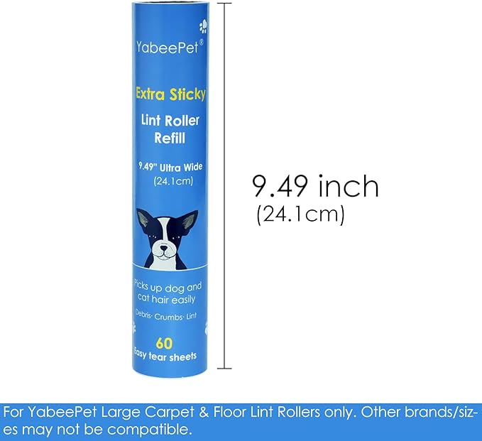 9.49'' Extra Sticky Large Lint Roller Refills, 4-Pack Giant Roller Refills for Carpets, Couch, Floor, Clothing, and Pet Hair Cleaning, 60 Sheets per Roll (240 Sheets Total)-PawvioPets