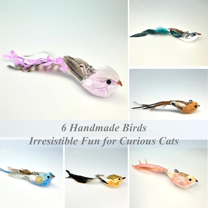 12PCS Interactive Cat Feather Wand Toy Set – 11 Bird & Feather Teaser Refills with Bells + Flexible Suction Cup Wand – Realistic Bird Design, Natural Materials, Indoor Cat Toys for Exercise & Play-PawvioPets