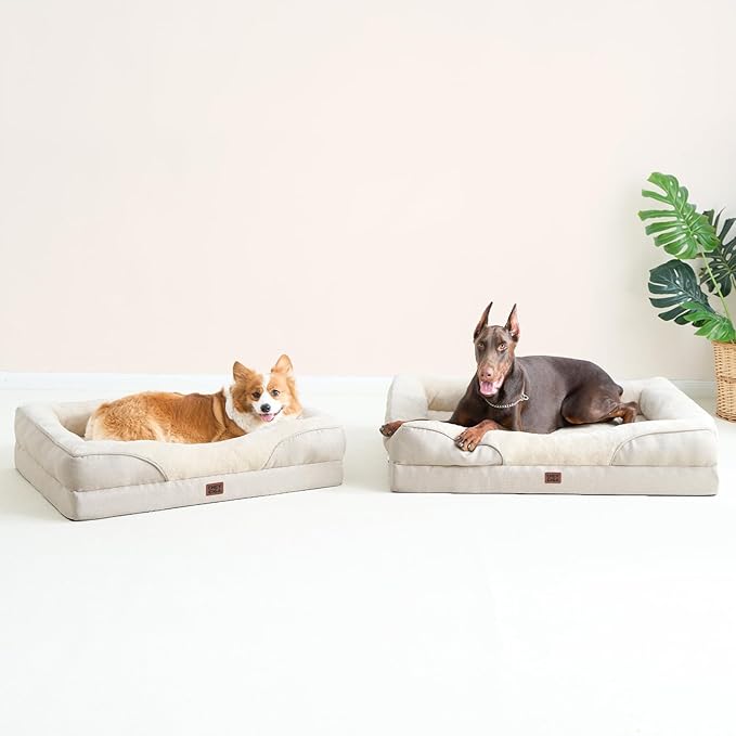 EHEYCIGA Memory Foam Dog Bed for Medium Size, Orthopedic Dog Sofa with Sides and Waterproof Liner, Washable Bolster Pet Couch with Removable Cover, 35x22x6.5 Inch, Beige-PawvioPets