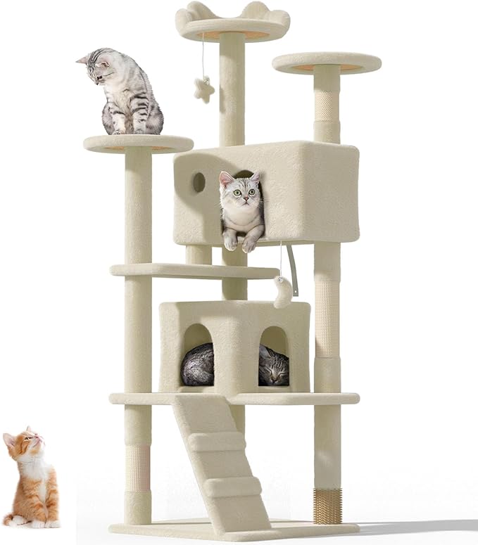 60'' Cat Tree Tower for Indoor Cats Large Adult,Cute/Tall Modern Cat Tree for Big Cats 20 lbs, Plush Multi-Level Cat Condo with Scratching Posts, Dangling Ball Indoor (Beige, 60 inch)-PawvioPets