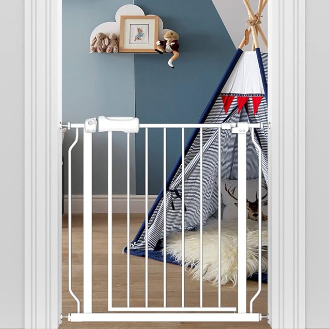 29-34 Inch Wide Baby Gate for Stairs Dog Gate Indoor Pressure Mounted No Drill Safety Child Gates for Kids or Pets Auto Close Pet Gates White-PawvioPets