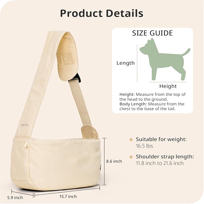 Dog Sling Carrier for Small Dogs and Cats, Lightweight Collapsible Pet Travel Bag with Adjustable Strap, Side Pockets & Breathable Mesh (Beige, 15.7" L x 5.9" W x 8.6" H)-PawvioPets