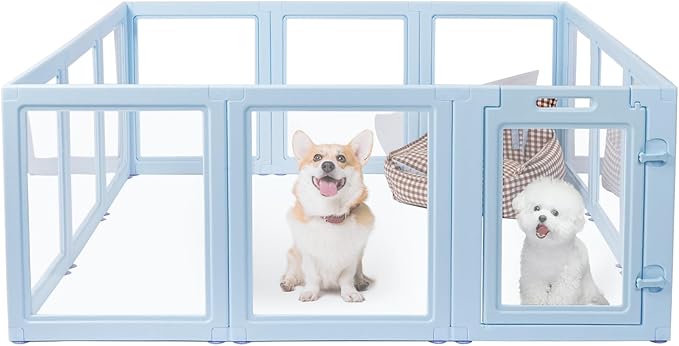 DIY Clear Acrylic Dog Playpen House,Quick Easy Assembly and Disassembly,Strong Floor Suction,Indoor and Outdoor Use,Easy Cleansing Puppy Fence (Sky Blue, 23.6" H, 10PCS)-PawvioPets