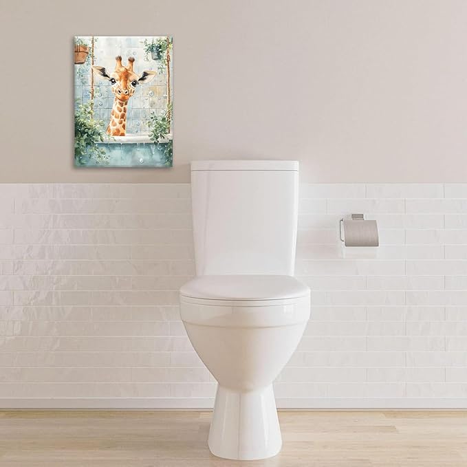 Bathroom Funny Giraffe Pictures Wall Art, Watercolor Giraffe Bathroom Wall Decor, Animal Framed Painting Canvas Artwork for Living Room Decorations 20"L x 16"W-PawvioPets
