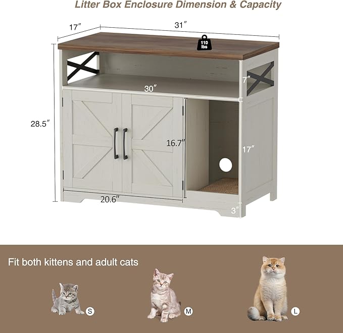 Cat Litter Box Enclosure, Hidden Litter Box Furniture with Scratch Pad, Farmhouse Indoor Cat House Washroom End Table, White-PawvioPets