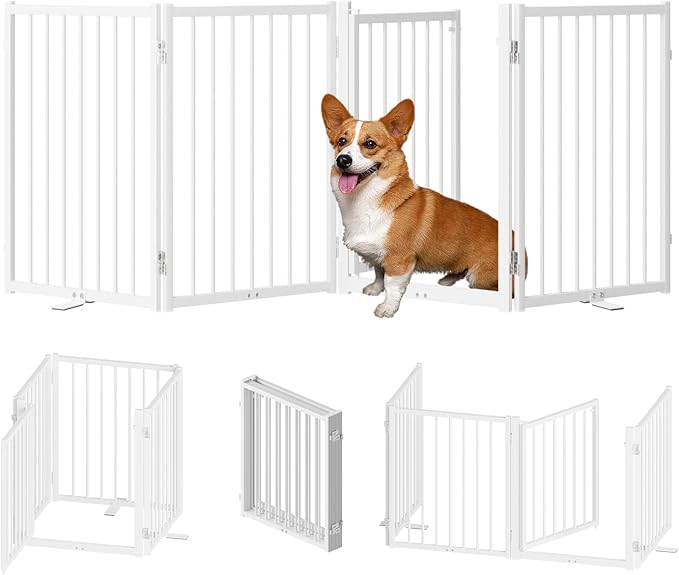 Full Metal Freestanding Dog Gate with Door, 24'' Height Foldable Pet Dog Fence for Indoor & Outdoor, 4 Panels Extra Wide Free Standing SmallDog Gates for Doorways,House,Stairs,Porch,Deck,Yard-PawvioPets