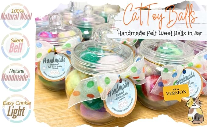 Felt Wool Cat Toys Ball with Catnip and Bell, Natural Handmade cat Toys Ferret Toys cat Gift Basket (Felt Wool Mixed in Jar)-PawvioPets