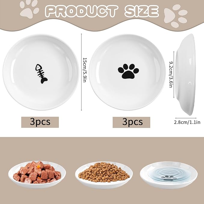 6 Pack Cat Food Bowl, Ceramic Cat Bowls, Anti Whisker Fatigue Cats Bowl Set,5.5 Inches Shallow Wide Kitten Plates for Food and Water (Cat's Paw+Fishbone)-PawvioPets