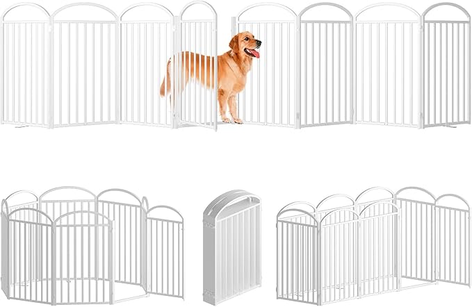 8 Panles Full Matel Freestanding Dog Gates with Door, 192"Extra Wide 36"Tall Free Standing Dog Pet Gate for Indoor & Outdoor. Foldable Pet Fences for Doorways, House, Stairs, Porch, Deck, Yard-PawvioPets