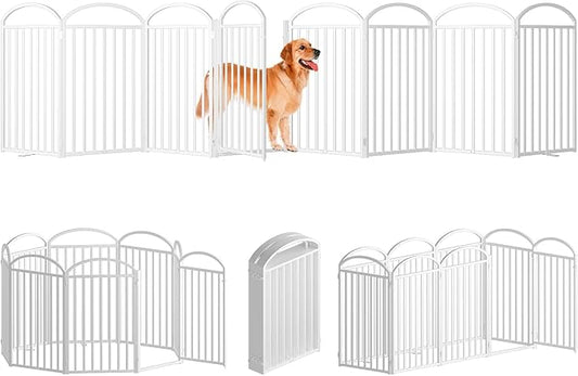 8 Panles Full Matel Freestanding Dog Gates with Door, 192"Extra Wide 36"Tall Free Standing Dog Pet Gate for Indoor & Outdoor. Foldable Pet Fences for Doorways, House, Stairs, Porch, Deck, Yard-PawvioPets