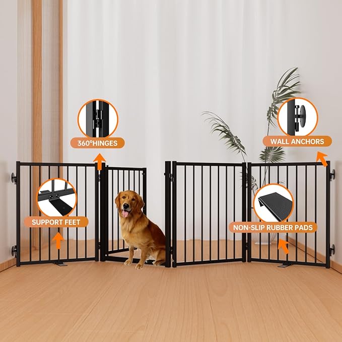Full Metal Freestanding Dog Gate with Door, 24'' Height Foldable Pet Dog Fence for Indoor & Outdoor, 4 Panels Extra Wide Free Standing SmallDog Gates for Doorways,House,Stairs,Porch,Deck,Yard-PawvioPets