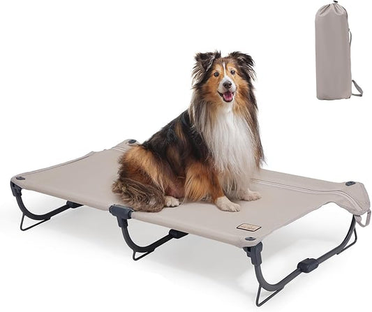 Daisy Cot, Medium Foldable Elevated Dog Bed, Portable Raised Outdoor Folding Dog Cot, Cooling, Chew Proof, Waterproof, Heavy Duty Up to 160 lbs for Camping/Home, Brown, 32"x 19"x6"-PawvioPets