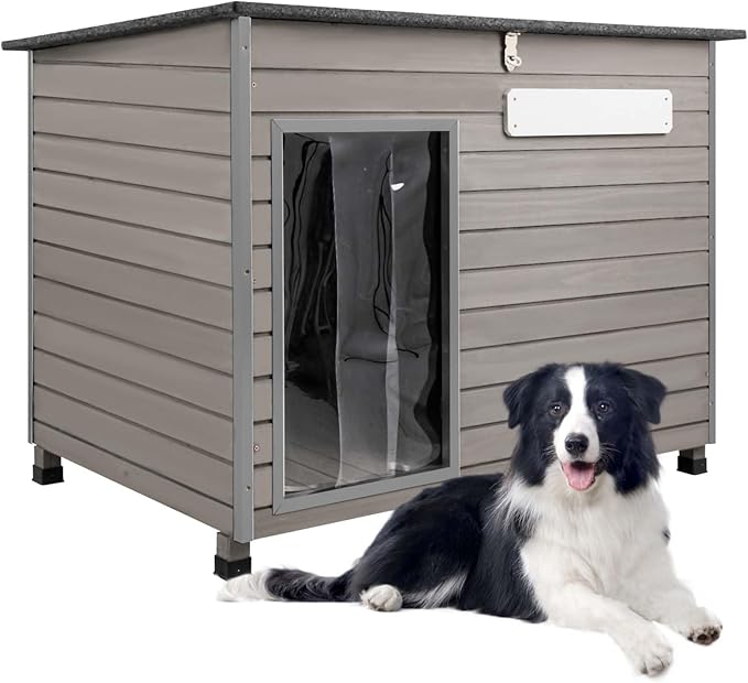 43.3" L Dog House Outdoor for Large Breeds Dogs Anti Chewing Iron Frames Dog Kennel Wooden Pet Houses for Indoor Outdoor with Weatherproof Roof,6 Elevated Feet, Reinforced Bottom Support-PawvioPets