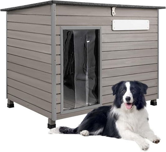 43.3" L Dog House Outdoor for Large Breeds Dogs Anti Chewing Iron Frames Dog Kennel Wooden Pet Houses for Indoor Outdoor with Weatherproof Roof,6 Elevated Feet, Reinforced Bottom Support-PawvioPets