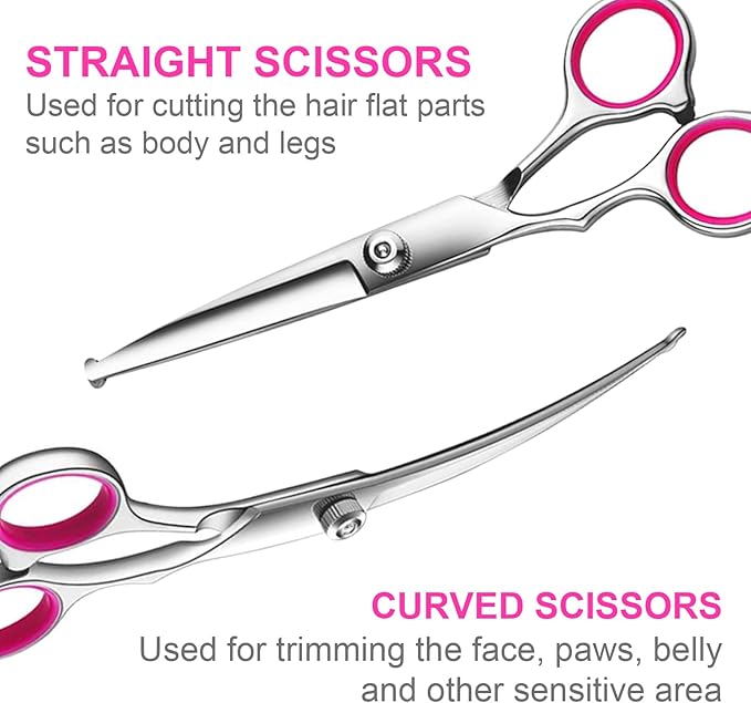 6 in1 Professional Dog Grooming Scissors Kit, Dog Shears for Grooming with Safety Round Tips, Titanium Coated Grooming Scissors for Dogs Cat Pet At Home-PawvioPets