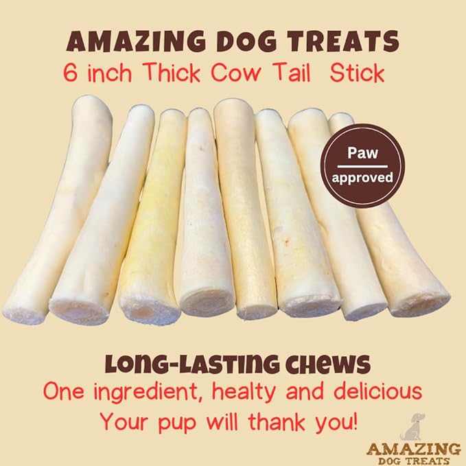 Amazing Dog Treats - 6 Inch Cow Tail Dog Chew- Thick - (10 Pcs/Pack) - Premium Quality - Sourced from Grass Fed Cattle - Long Lasting Dog Chew- Rawhide Alternative-PawvioPets