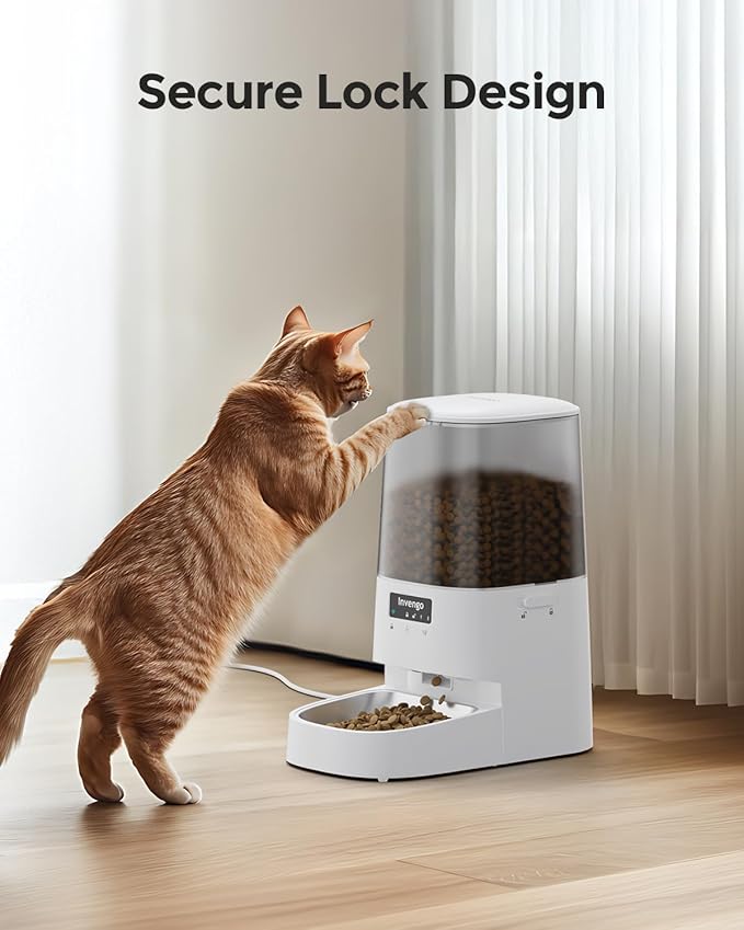 Cat Feeder Automatic - Cat Food Dispenser MeowServe S20, Auto Dog Feeder with Stainless Steel Bowl, 5L Pet Feeder with Patented Anti-Jam Port, App, Dual Lock Lid, Dual-Band WiFi & Power, White-PawvioPets