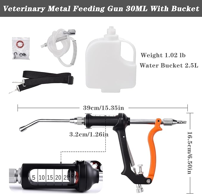 30ML Veterinary Metal Feeding Gun, Continuous Drench Gun Dosing Device Veterinary Adjustable Medicine Dispenser Husbandry Autonomous Feeding Tool, Pig Cattle, Sheep, Horse for Drench Gun-PawvioPets