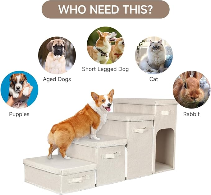 Dog Stairs with Storage, Folding Pet Steps with Zip for Small Dogs and Cats, 4-Step Pet Stairs with Pet House for High Bed, Couch and Car Ramp, Up to 200 Lbs (Beige, 4 Steps with Condo)-PawvioPets