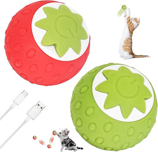 2Pcs Self-Moving Electric Cat Toy Ball with LED - Automatic Interactive Cat Toys for Indoor Cats, Smart Strawberry Design Stimulates Hunting Instincts, Boredom Relief & Exercise for Solo Play-PawvioPets