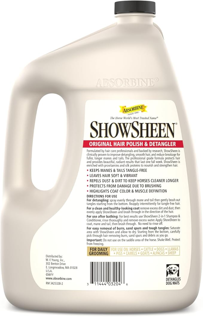 Absorbine ShowSheen Hair Polish & Detangler 128oz Refill Jug, Horse and Dog Coat, Mane and Tail, Instant Detangling & Reduces Hair Breakage for Healthy Grooming & Radiant Shine-PawvioPets