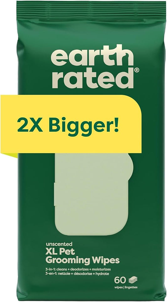 Earth Rated XL Pet Wipes for Dogs & Cats, 3-in-1 Hypoallergenic Cleaning, Deodorizing and Hydrating Extra Large Grooming for Body, Paws and Butt, Unscented, 60 Count-PawvioPets