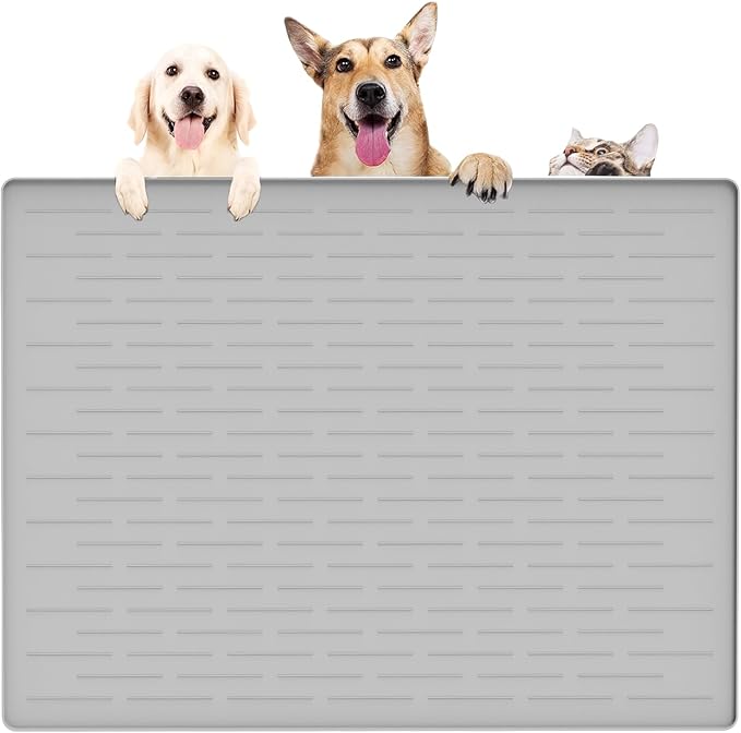 39.4"x29.5" Largest Pet Food Mat, Silicone Dog Mats for Food and Water, Nonslip Pet Feeding Mats for Floors,Dog Cat Bowl Mat with Raised Edges, Gray White-PawvioPets
