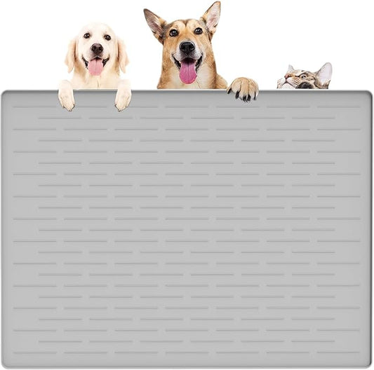 39.4"x29.5" Largest Pet Food Mat, Silicone Dog Mats for Food and Water, Nonslip Pet Feeding Mats for Floors,Dog Cat Bowl Mat with Raised Edges, Gray White-PawvioPets