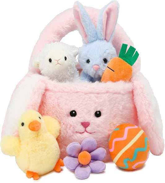 7 Piece Plush Stuffed Animals Playset Toys with Rabbit, Chick, Lamb, Carrot, Egg, Flower, Furry Bag, Soft Basket Set Toys for Girls Kids Ages 3+, Birthday Christmas Valentines Easter Party Favors-PawvioPets