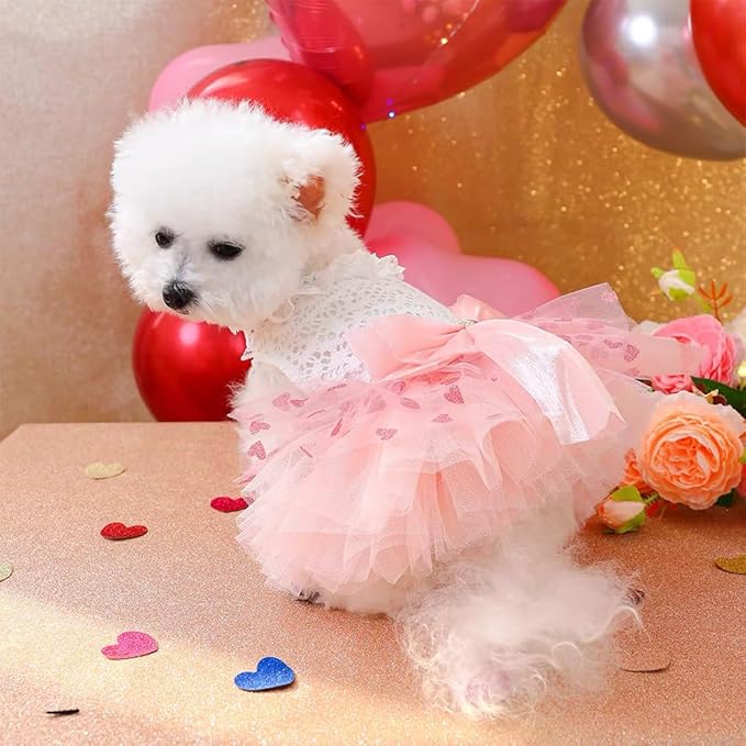 Dog Princess Dress with Heart Patterns & Bow Puppy Clothes for Small Dogs Girl Fancy Cat Birthday Outfit Pet Wedding Dresses(Pink White, Large)-PawvioPets