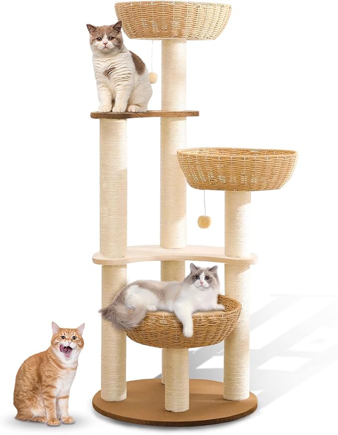 52" Modern Cat Tree Tower for Large Cats, 3Cat Nests Manual Hand Woven Multilevel Huge Paws Pals Cat Tree, Wood Cat Tower, Cat Scratching Tree, Cat Condo, Cat Lover Gift-PawvioPets