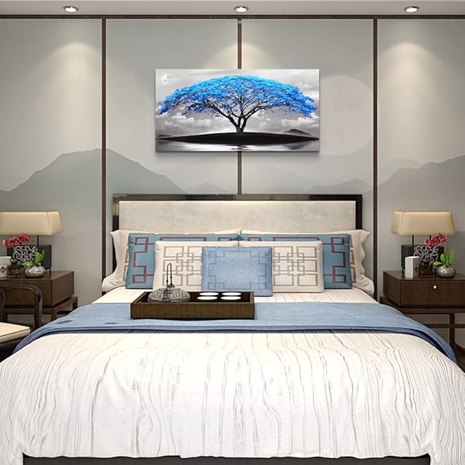 canvas wall art for living room bathroom Wall Decor Black and white landscape Blue tree moon painting to Hang Home Decorations for office bedroom kitchen Works canvas Prints pictures 24" x 48"inch-PawvioPets