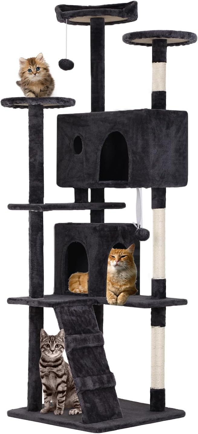 FDW Cat Tree 70in Cat Tower Multi-Level Durable Cat Scratching Post & Cozy Fun Cat Jumping Platform Space Saving Cat Condo Pet Play House for Indoor Cats,Dark Gray-PawvioPets