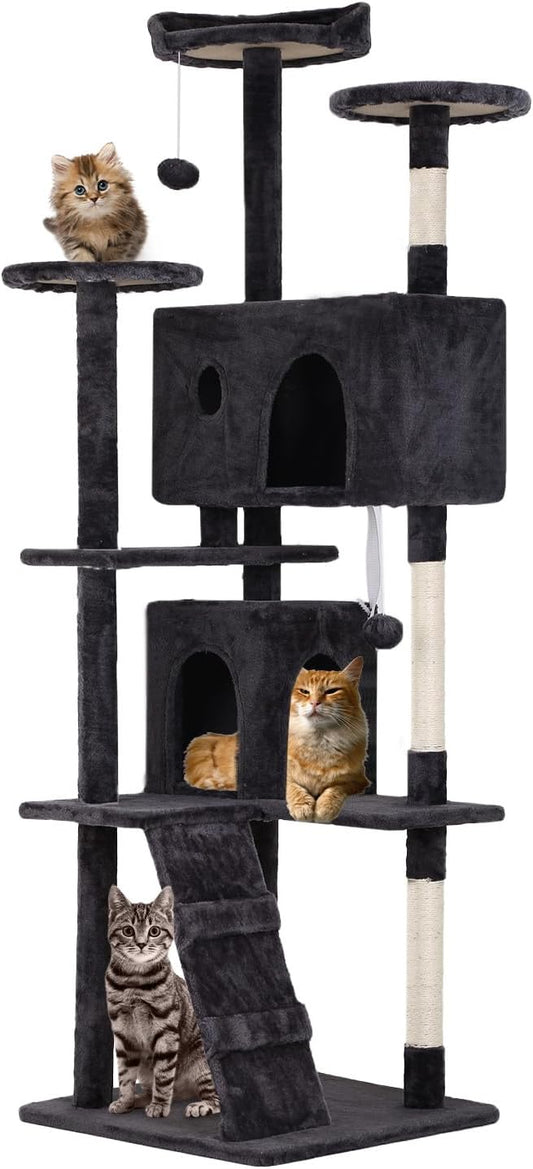 FDW Cat Tree 70in Cat Tower Multi-Level Durable Cat Scratching Post & Cozy Fun Cat Jumping Platform Space Saving Cat Condo Pet Play House for Indoor Cats,Dark Gray-PawvioPets