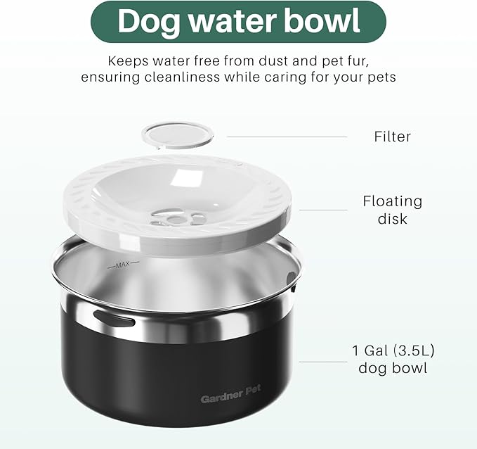 Gardner Pet Dog Bowls 1 Gallon (3.85L) Stainless Steel No Spill Dog Water Bowl, Slow Water Feeder Metal Bowls, Spill Proof Water Dispenser for Large Dogs, Promotes Healthy Hydration(Black)-PawvioPets