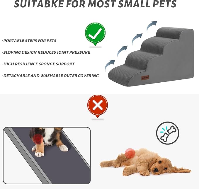 4-Step Dog Stairs and Ramp for Beds or Couches – Non-Slip Sturdy Pet Steps for Small Dogs and Cats,17.4" H,Grey-PawvioPets