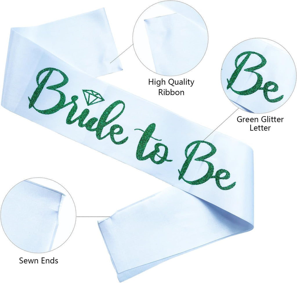 Bride to Be Sash, Bachelorette Party Sash for Bridal Shower Wedding Party Favors Accessories Supplies Engagement Gifts,White Satin with Glitter Letter Green