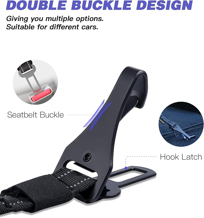 AUBELL Dog Seat Belt for Car,Updated 3-in-1 Adjustable Reflective Bungee Heavy Duty Dog Car Harness Tether with Clip Hook Latch & Buckle,Swivel Zinc Alloy Carabiner,Black-PawvioPets