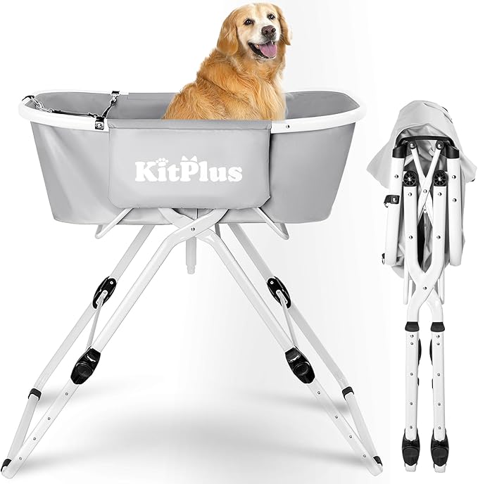 Elevated Dog Bathtub, 5 Height Adjustable Portable Dog Wash Station for Small to Large Pets, Foldable Bathing Tub with Storage & Anti-Slip Design Gray-PawvioPets
