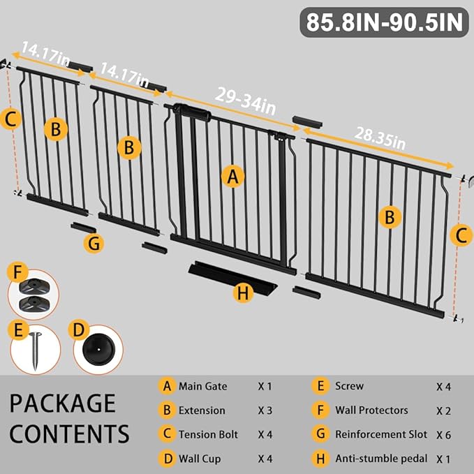 Fairy Baby Extra Wide Baby Gate 85.8-90.5 Inch Wide, Walk Through Pressure Mounted No Drill, Long and Large Tension Gate for Pet and Kids-PawvioPets