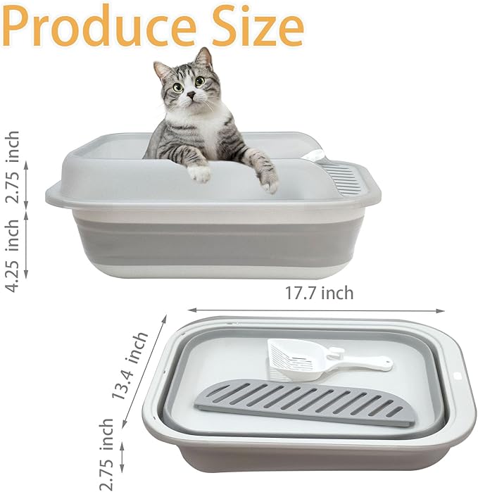 Collapsible Kitten Litter Box, Open High Sided Cat Potty Pan with Scoop Shallow Cat Toilet Anti-Splashing Low Entrance Travel Litter Box with Falling Sand Pedal for Kitty to Senior Cats-PawvioPets