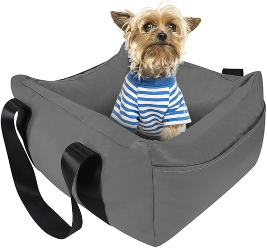 Dog Car Seat for Small Dogs, Large Leather Dog Car Bed with Storage Pocket, Waterproof PVC Leather Booster Seat Travel Bed for Front & Back Seat, Clip-On Safety Leash (Black/Grey)-PawvioPets