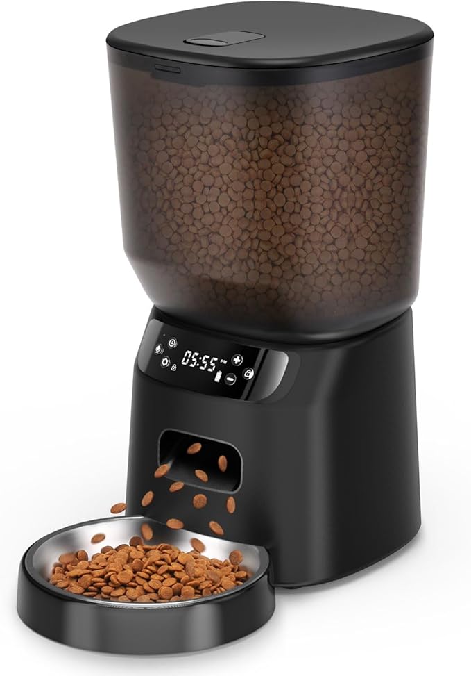 Automatic Cat Feeder, Cat Food Dispenser with Stainless Steel Bowl, Timed Portion Control 20 Portions 6 Meals Per Day, Voice Recorder, Dual Power Supply for Small Dogs (Black)-PawvioPets