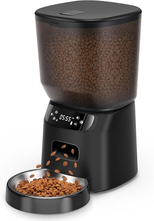 Automatic Cat Feeder, Cat Food Dispenser with Stainless Steel Bowl, Timed Portion Control 20 Portions 6 Meals Per Day, Voice Recorder, Dual Power Supply for Small Dogs (Black)-PawvioPets