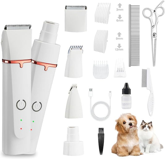2025 New Petium 4-in-1 Dog Grooming Clippers Kit-Quiet Dog Nail Grinder & Paw Trimmer,Low Noise Cordless Pet Shaver for Small Dogs & Cats,USB-Rechargeable, 6 Guide Combs-PawvioPets