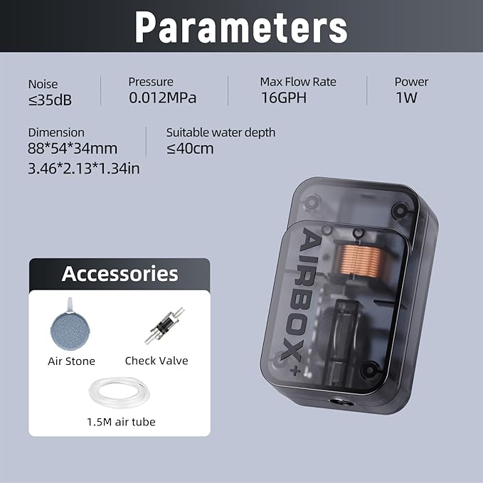 Aquarium Air Pump,Ultra-Quiet/Small Size/More Output Fish Tank Bubbler 1w/16GPH/12Kpa,with Air Stone Bubbler,Single Outlet Suitable for 0-20 Gallon Fish Tank-PawvioPets