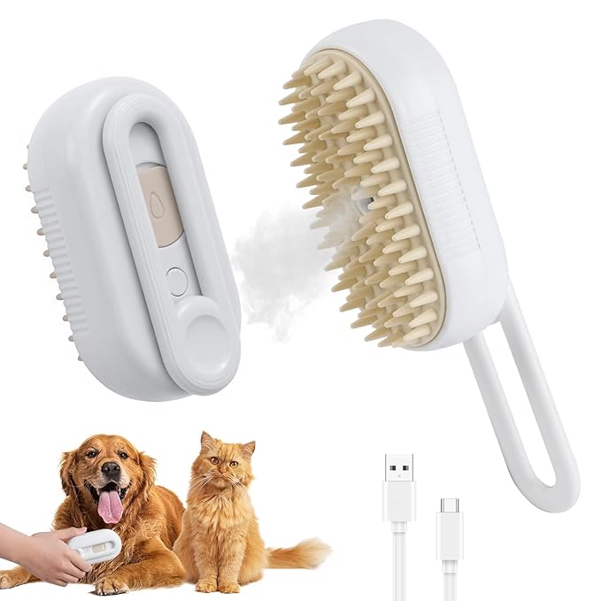 4 in 1 Cat Steam Brush Rechargeable pet spray comb Steam Brush for Cats and Dogs, Massage, Cleaning, Shedding & Combing Multifunctional Hair Removal Anti Static Grooming Tool for home (White)-PawvioPets