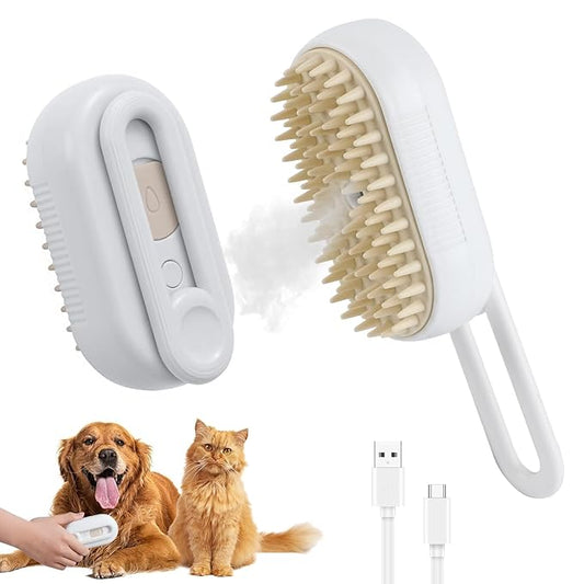 4 in 1 Cat Steam Brush Rechargeable pet spray comb Steam Brush for Cats and Dogs, Massage, Cleaning, Shedding & Combing Multifunctional Hair Removal Anti Static Grooming Tool for home (White)-PawvioPets