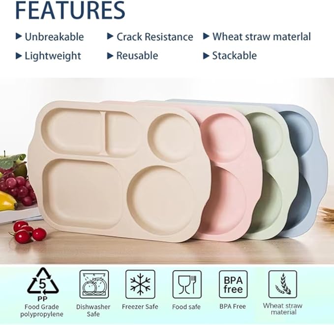 12 Inch Divided Plates4 PCS - Reusable Unbreakable Wheat Straw Plates, Dinnerware Lunch Tray Plates Tableware for Kitchen, Picky Eaters, Campers and Portion Control (Blush)-PawvioPets